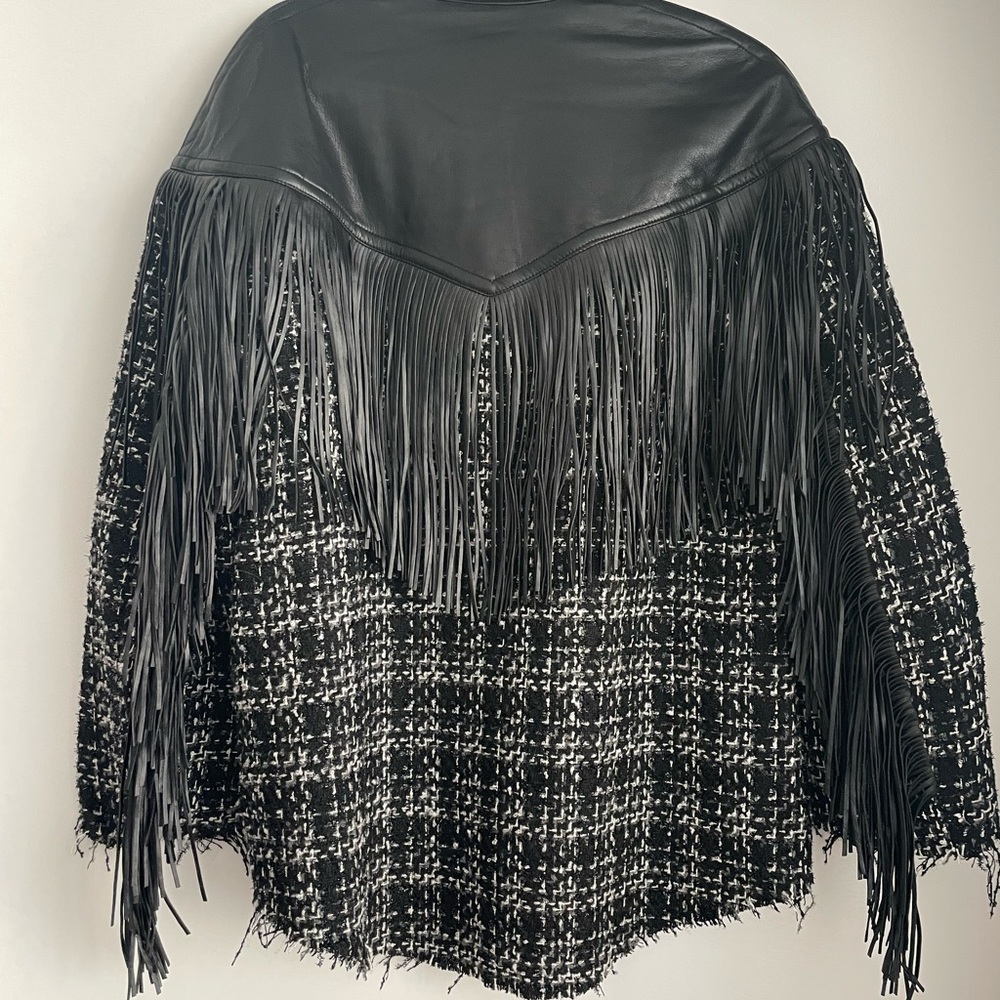 Tweed Button Down Leather Fringe Jacket - image 2